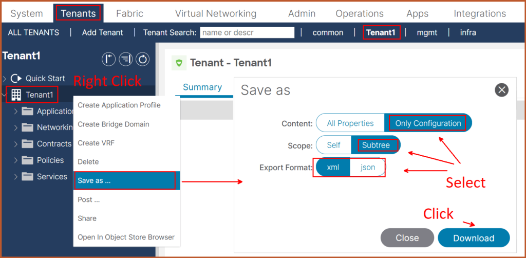 This image is a screenshot from the ACI user interface for Tenant1 page. To export Tenant1 configuration, Go to Tenant 1 > Right Click > Save as > Select the following: First: the content type (All Properties or Only Configuration). Second: the scope (Self or Subtree). Third: the export format (xml or json).