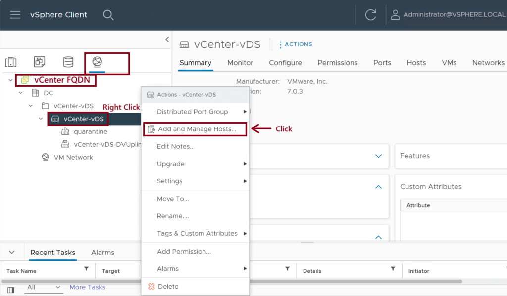 This is a screenshot of a Cisco ACI GUI that displays the vSphere Client interface showing the Summary tab for the selected vCenter-vDS. The user is instructed to right-click vCenter-vDS, then choose Add and Manage Hosts from the dropdown menu. Navigation pane and options are highlighted in red boxes.