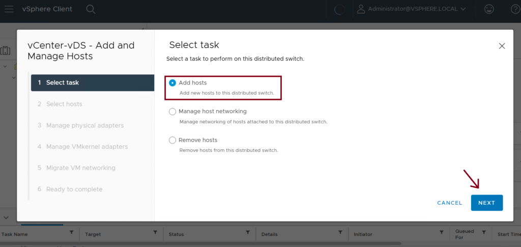 Screenshot of the VMware vCenter vDS interface titled Select task with three radio button options: Add hosts, Manage host networking, and Remove hosts. Add hosts is selected. A Next button is on the lower right. Tasks and details are partially visible below.