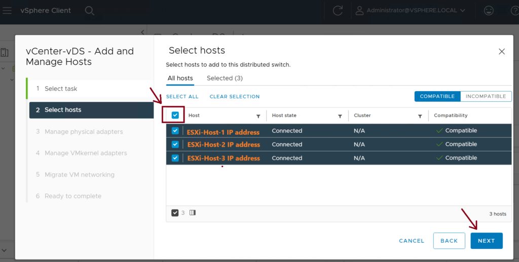 A screenshot of the VMware vCenter-vDS - Add and Manage Hosts wizard. A checkbox next to Select All is marked, selecting three hosts listed below with Host state as Connected. Arrows point to Select All and a Next button at the bottom right.