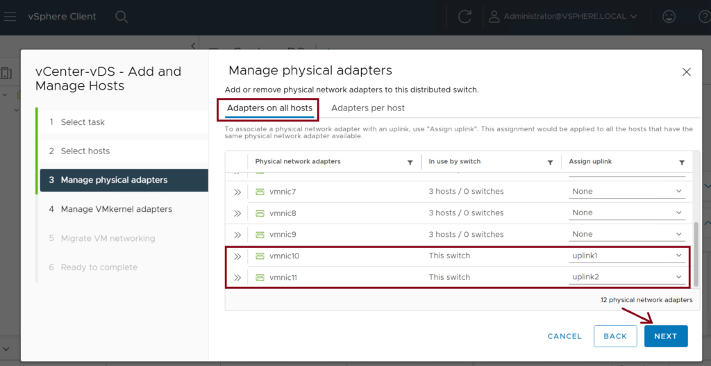 Screenshot of the VMware vSphere Client interface showing the Manage physical adapters section. The tab Adapters on all hosts is selected, displaying a table listing virtual network adapters such as vmnic10 and vmnic11, each associated with This switch and uplink identifiers like uplink1 and uplink2.