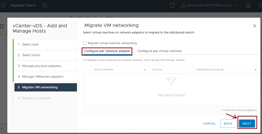 Screenshot of the VMware vCenter interface showing the Migrate VM networking settings. The option Configure per network adapter is highlighted. Below, there is a table with no items. Navigation buttons Back and Next are at the bottom, with Next being highlighted.