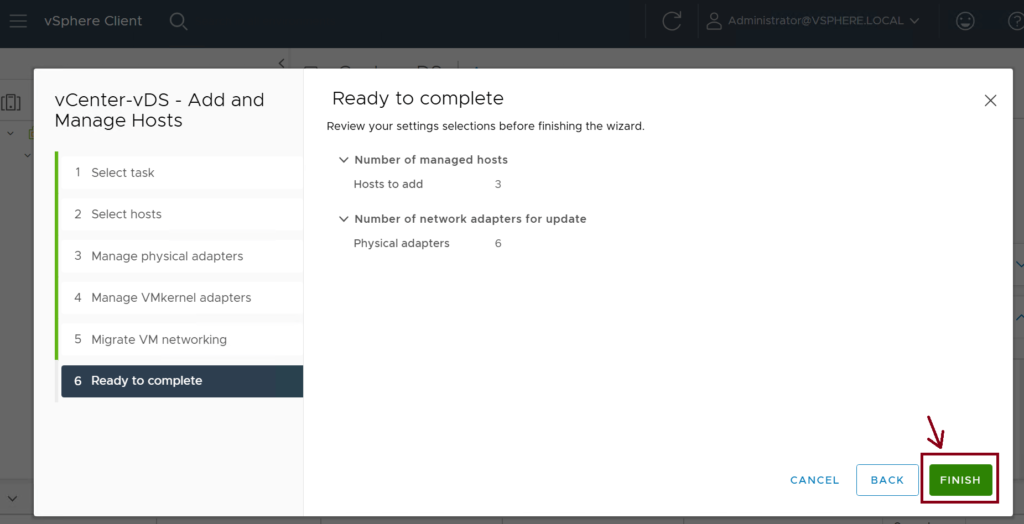 Screenshot of a VMware vSphere Client setup screen titled Ready to complete. It reviews settings including number of managed hosts, hosts to add, network adapters for update, and physical adapters. A FINISH button is highlighted in green at the bottom right corner.