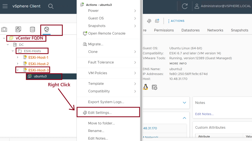 Screenshot of the VMware vSphere Client interface showing navigation to edit settings. Left pane displays a list of the ESXi hosts. A right-click menu is open on Ubuntu-3 VM, highlighting Edit Settings. The right section details the selected virtual machines summary and options.