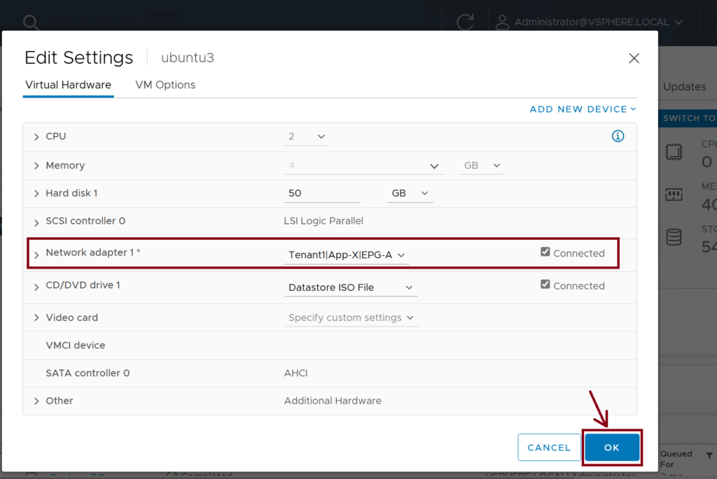 Screenshot of the VMware vSphere Client interface showing a Virtual Machine named ubuntu3. Options include CPU, Memory, and Storage details. Network adapter 1 is highlighted and marked as Connected and associated with the Tenant1|App-X|EPG-A port group.