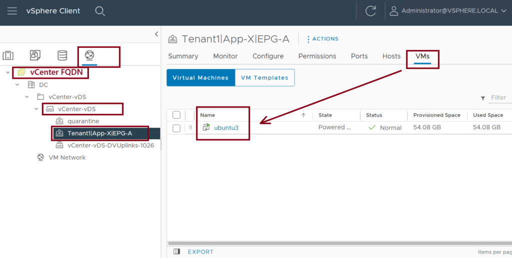 Screenshot of the VMware vSphere Client interface showing a virtual machine (VM) named ubuntu3 under Tenant1App-XIEPG-A port group. The VM is selected and highlighted, with details including its state, status, provisioned space, and used space visible on the right panel.