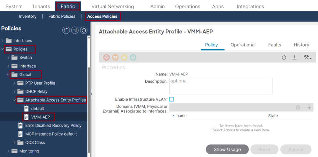 This screenshot shows a Cisco ACI GUI displaying the Attachable Access Entity Profile (AAEP) "VMM-AEP" under Access Policies within the Fabric section. The left sidebar lists various policy categories, and editing options are visible.