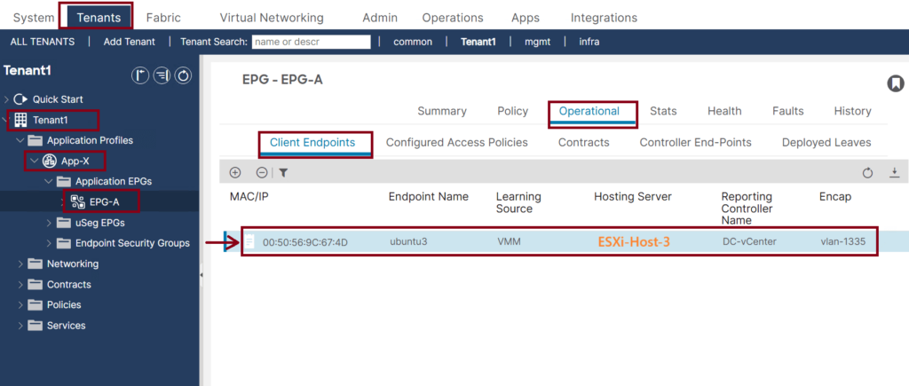 Screenshot of a Cisco ACI GUI displaying the Tenants section on the left shows: Tenant1> AppX > EPG-A highlighted. The main panel displays Client Endpoints for EPG-A, with a table listing MAC/IP, Name, Hypervisor, Reporting Controller, and VLAN information. Operational status is highlighted.