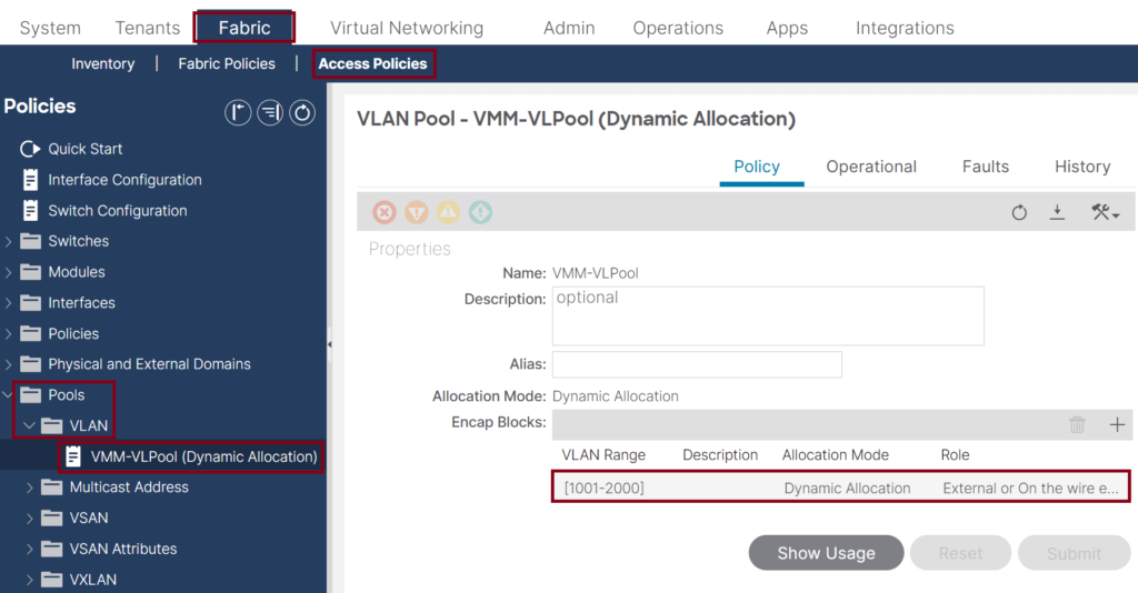 This screenshot of a Cisco ACI GUI focused on VLAN pool settings under Access Policies in the Fabric section. The VLAN Pool "VMM-VLPool" has a Dynamic Allocation showing its range set to [1001-2000], with an "External or On the Wire Encap" block.