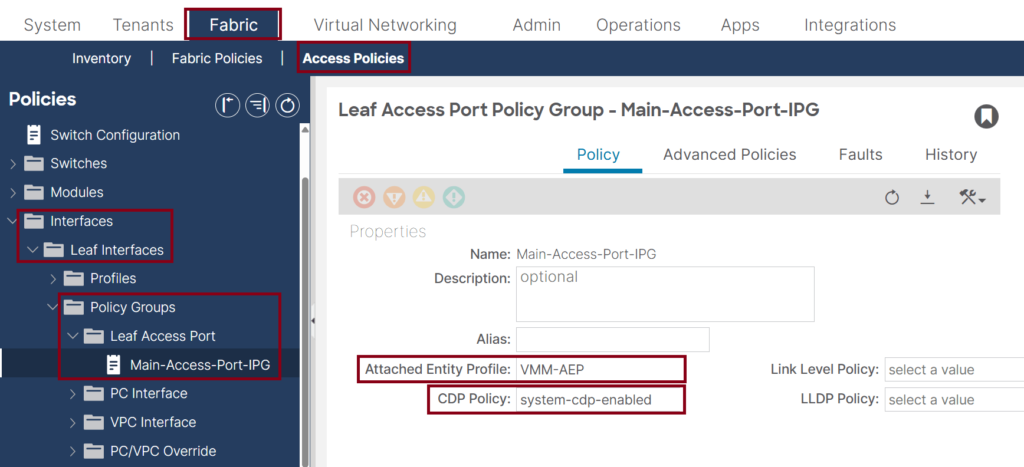 This screenshot of a Cisco ACI GUI displays the configuration for the VPC Policy Group under Fabric > Access Policies > Interfaces > Leaf Interfaces > Policy Groups > VPC Interface. Key settings include Attached Entity Profile: VMM-AEP, CDP Policy: system-cdp-enabled, LLDP Policy: system-lldp-enabled, and Port Channel Policy: system-lacp-active.