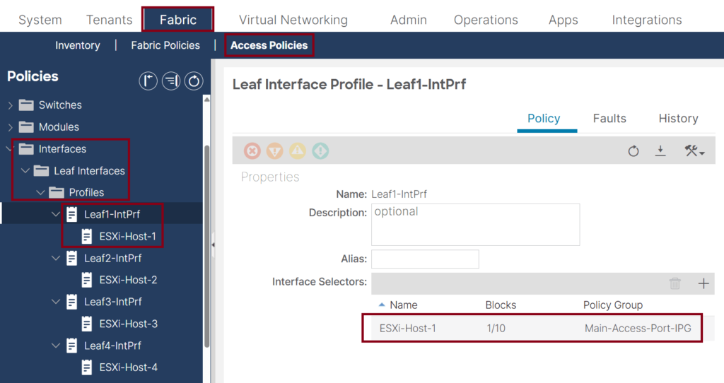 This screenshot of a Cisco ACI GUI shows the Access Policies tab under the Fabric tab. The left panel shows Policies with the path: Interfaces > Leaf Interfaces > Profiles > Leaf1-IntPrf. The main area displays a profile named Leaf1-IntPrf, which has an interface selector for ESX-Host-1 that selects 1/10 and is associated with the Main-Access-Port-IPG Policy Group.
