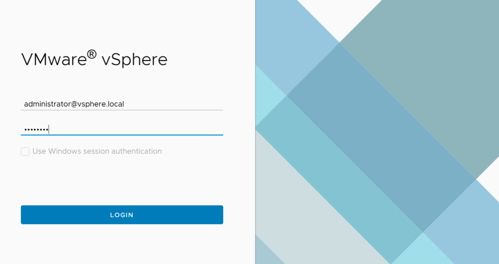 Login screen for VMware vSphere. The left side shows fields to enter a username, administrator@vsphere.local, and a password, displayed as dots. Below is a checkbox for Use Windows session authentication. A blue LOGIN button is at the bottom. The right side features a blue geometric design.