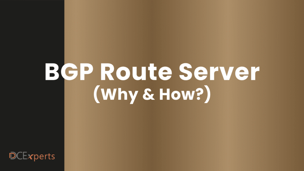 A brown and black background features large white text stating BGP Route Server Why  How to immediately highlight the topic In the lower left corner DCExperts is written in smaller gray and orange letters subtly emphasizing expertise in BGP Route Server solutions