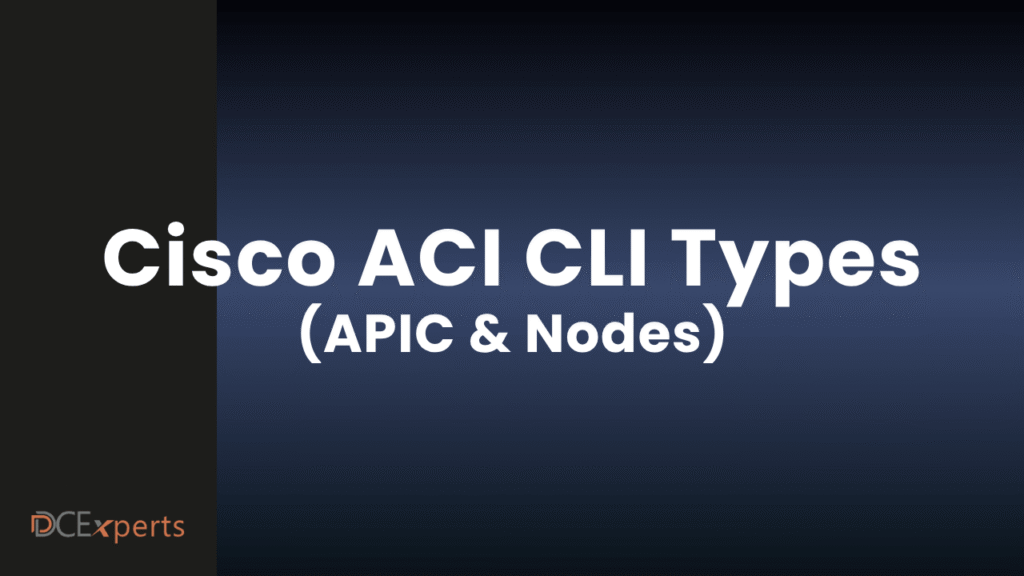Slide with a dark blue gradient background displays the text Cisco ACI CLI Types APIC  Nodes in bold white letters In the bottom left corner the logo DC Experts appears in small orange and gray font