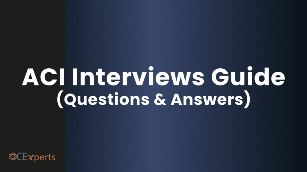 Dark blue gradient background with bold white text centered ACI Interviews Guide Questions  Answers In the lower left corner DCExperts is written in orange and gray with DC in orange and experts in gray partially overlaying a black vertical strip