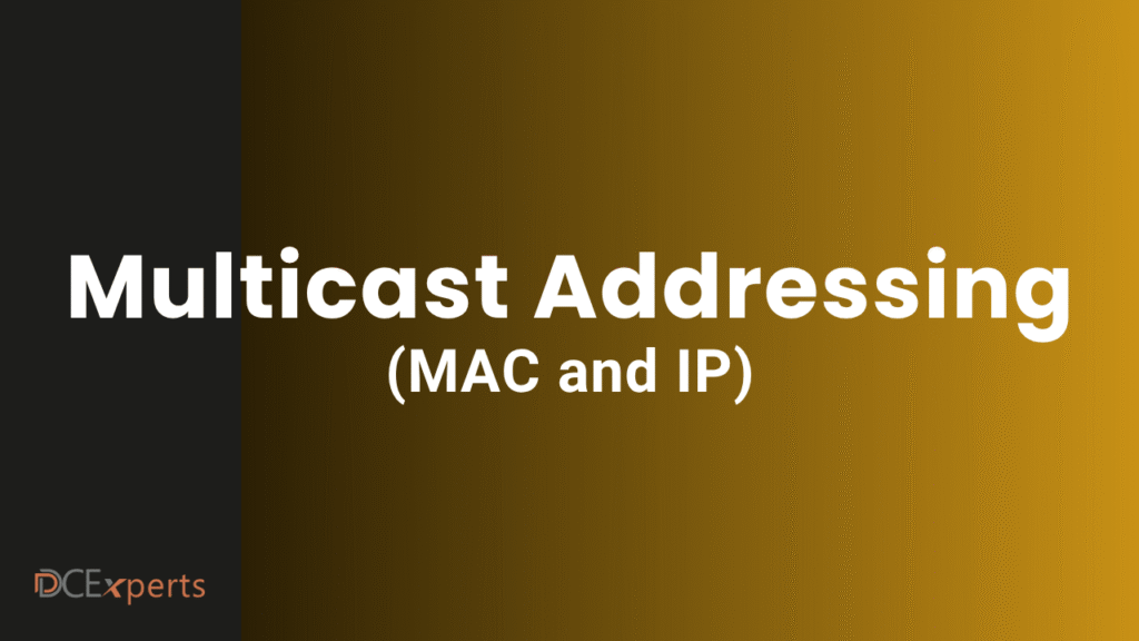 Multicast Addressing MAC and IPwith Multicast Address in bold white textis centered on a gradient background that shifts from black on the left to gold on the right DCExperts appears in the lower left corner in small copper colored text